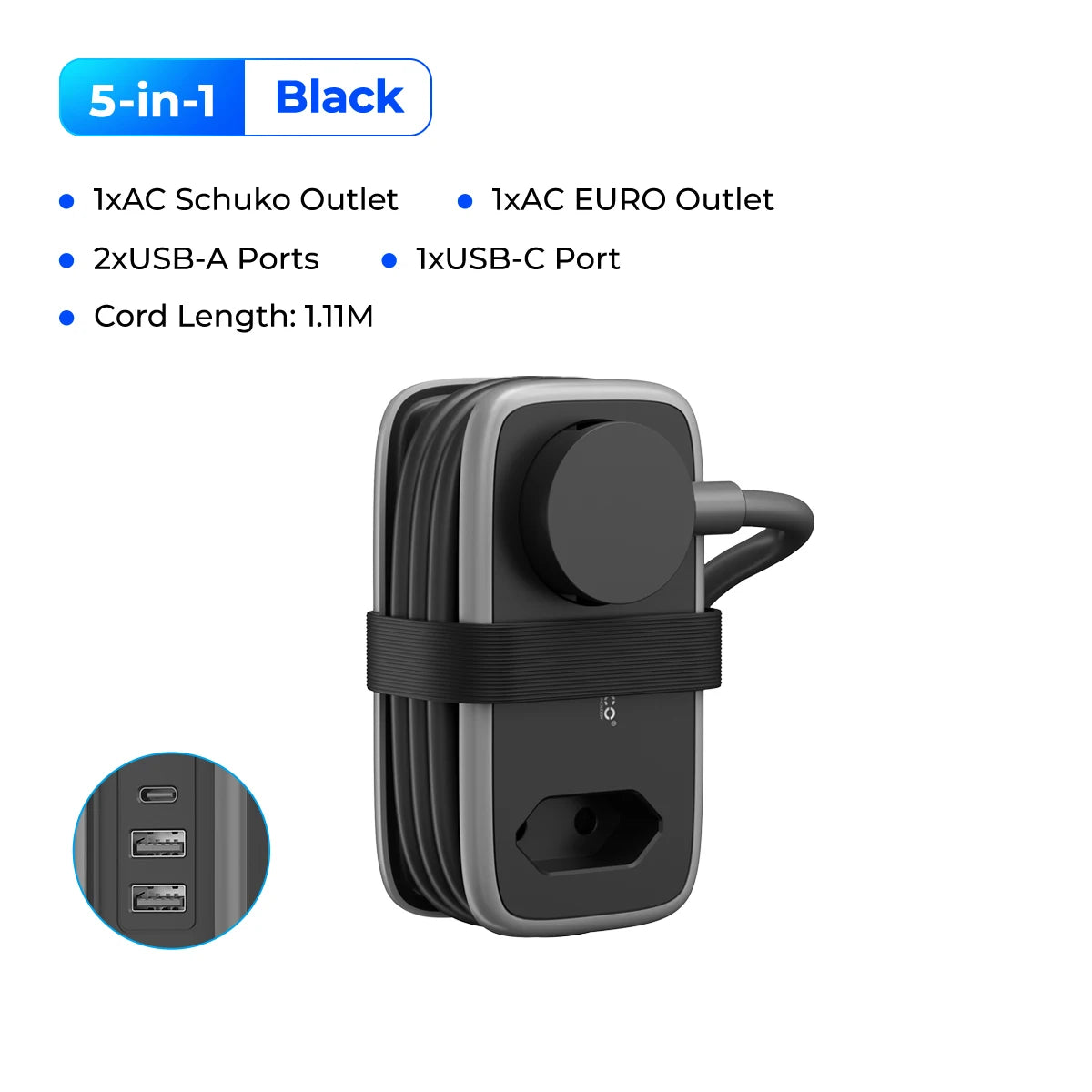Travel Power Strip with USB-C — 5-in-1 Charging Station