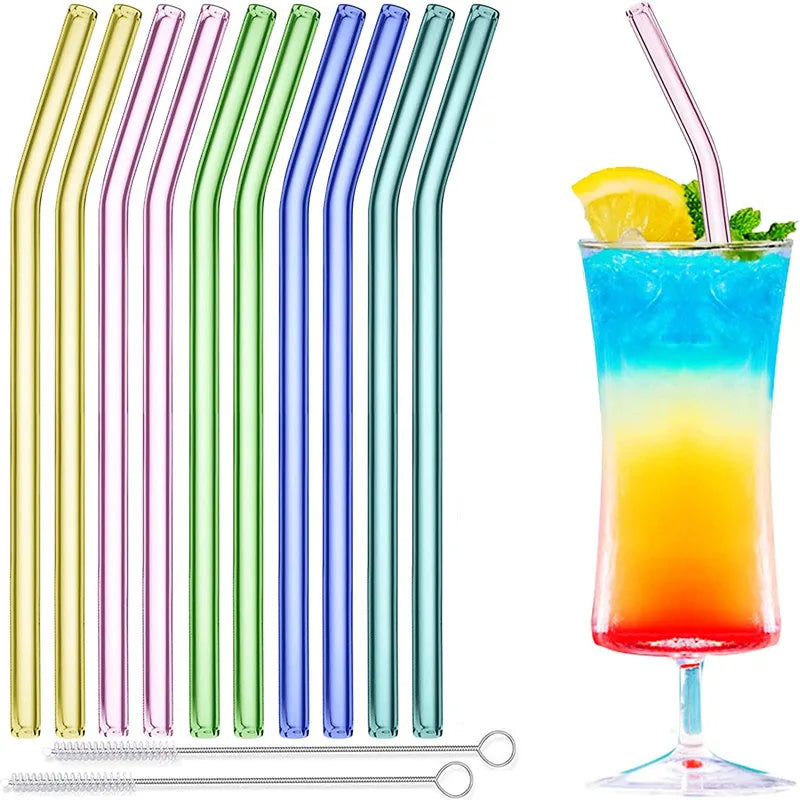 Glass Straw 10pcs Pink Bent Glass Straw Set...