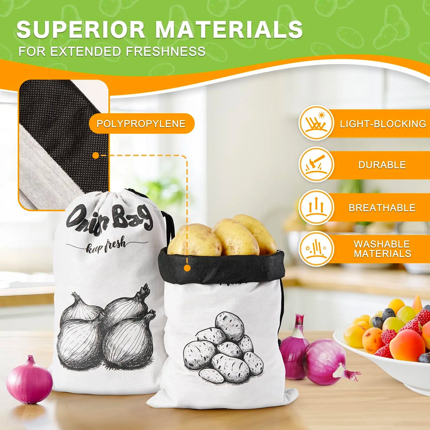 Reusable Vegetable Storage Bags — Onion, Potato & Garlic