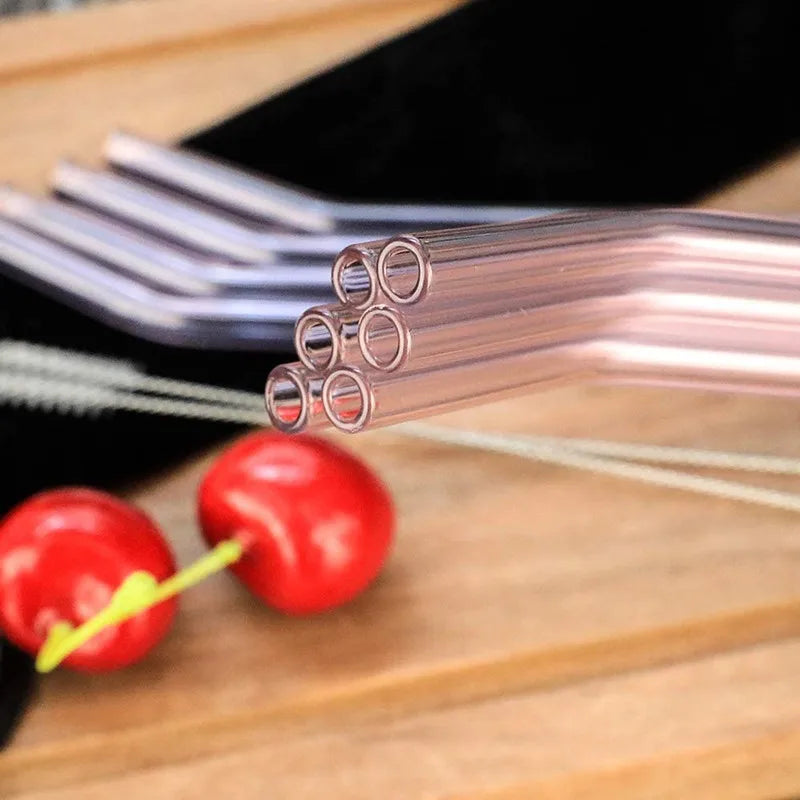 Glass Straw 10pcs Pink Bent Glass Straw Set...
