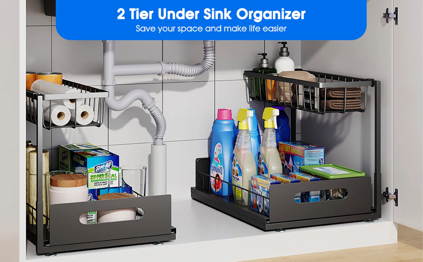 Under Sink 2 Tier Sliding Cabinet Basket...