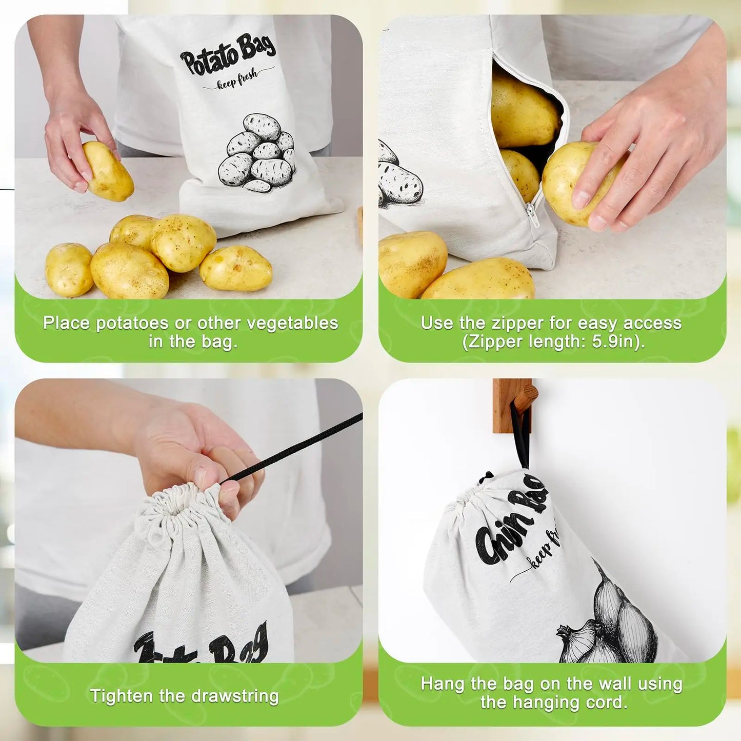 Reusable Vegetable Storage Bags — Onion, Potato & Garlic