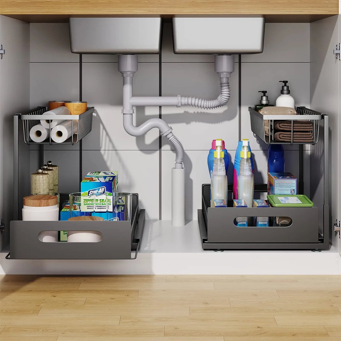 Under Sink 2 Tier Sliding Cabinet Basket...