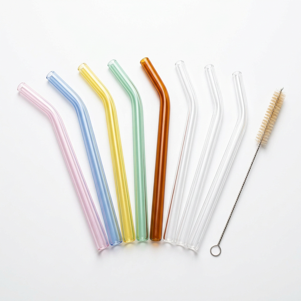Glass Straw 10pcs Pink Bent Glass Straw Set...
